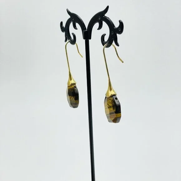 Simulated Tigers Eye Earrings Gold Tone Faceted Boho Festival Party Hippie - Picture 5 of 8